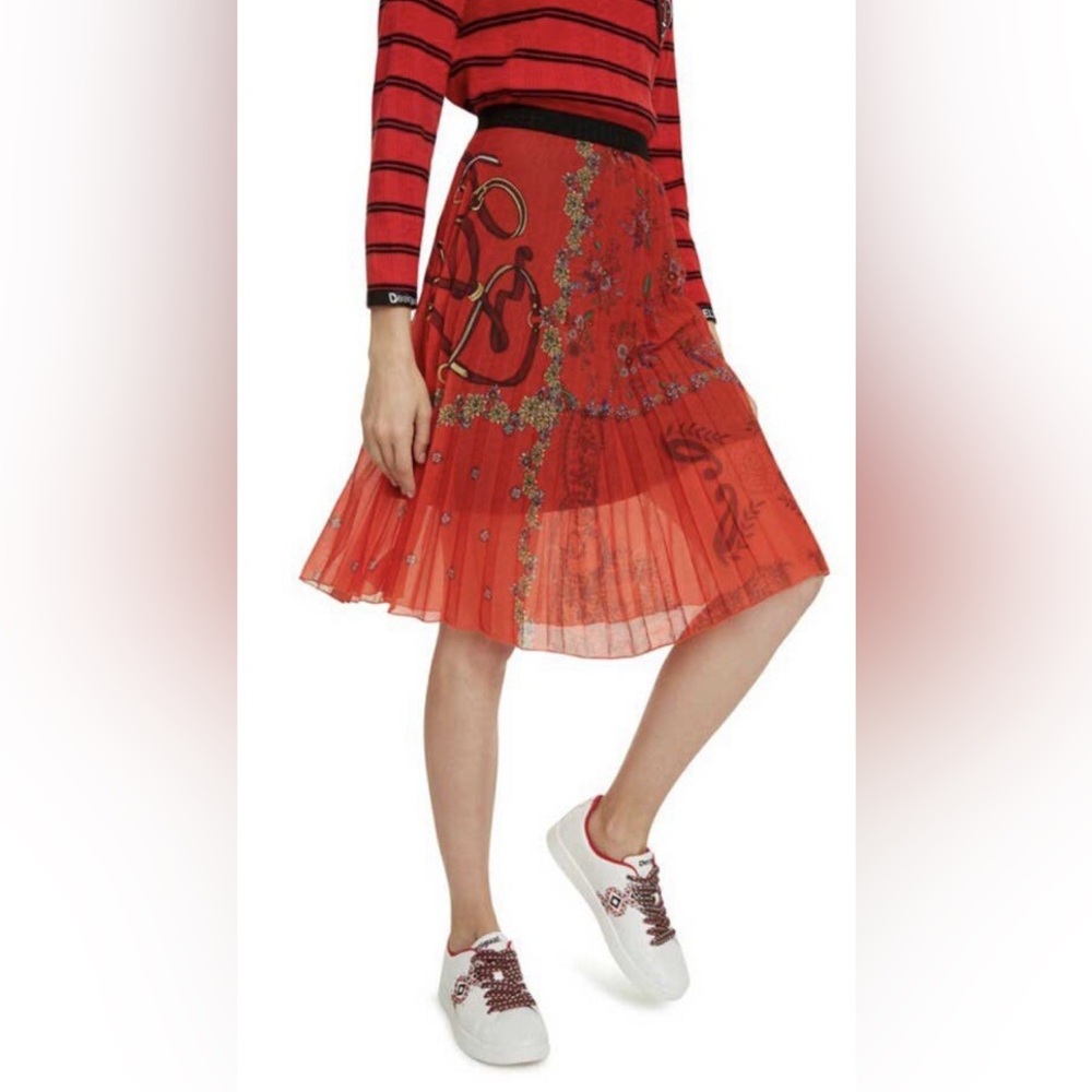 Desigual Andrea Red Midi A-Line Skirt with Pleats